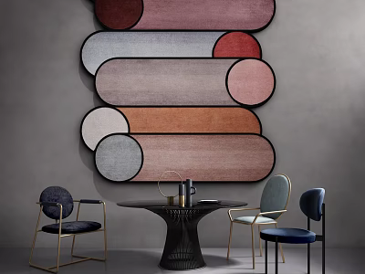 Modern Dining Table Set With Blue Chairs Gold Legs And Colorful Abstract Wall Art 3d model