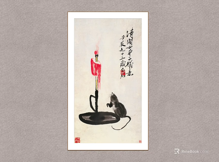 Traditional Chinese Ink Painting Art With Mouse Candle And Calligraphy Elements 3d model 