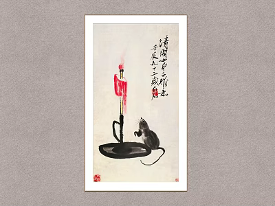 Traditional Chinese Ink Painting Art With Mouse Candle And Calligraphy Elements 3d model