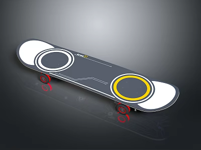 Modern Skateboard With Gray Deck White Circular Areas Yellow Inner Circles And Red Wheels 3d model