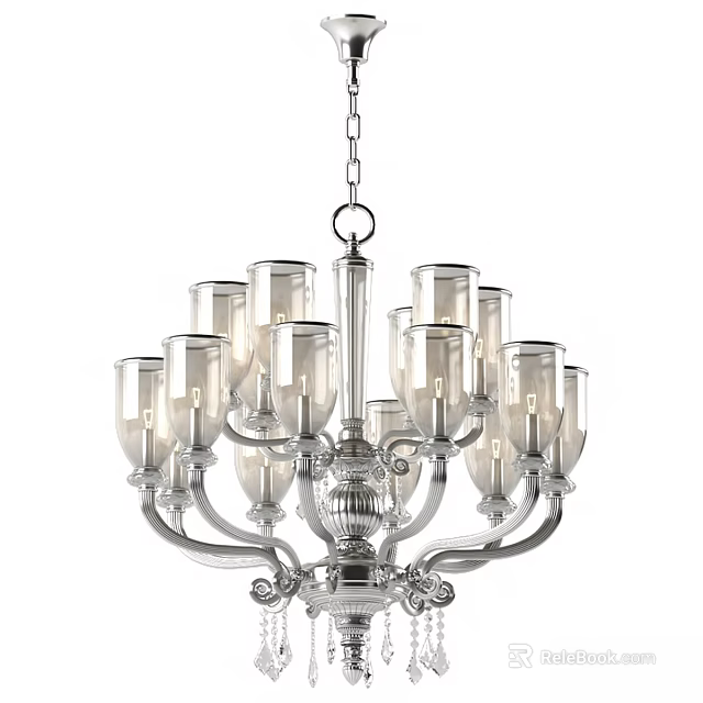 Elegant Silver Chandelier With Multiple Glass Shades And Ornate Design 3d model 