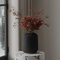 Black Striped Ceramic Vase with Red Floral Branches on Patterned Table by Snowy Window 3d model