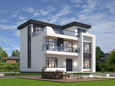 Modern Detached Villa With White Exterior Black Window Frames Balconies Terrace Lawn And Outdoor Furniture 3d model