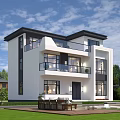 Modern Detached Villa With White Exterior Black Window Frames Balconies Terrace Lawn And Outdoor Furniture
