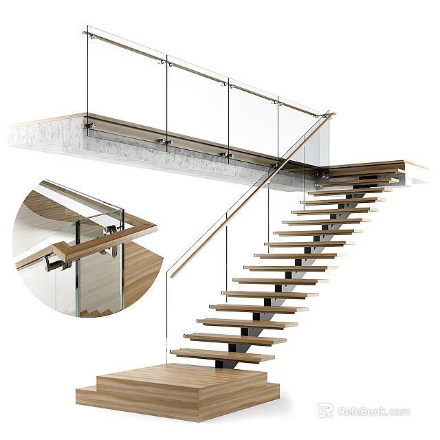 Modern Floating Staircase Design With Glass Railing Wooden Treads And Metal Handrail 3d model 