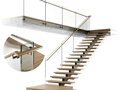 Modern Floating Staircase Design With Glass Railing Wooden Treads And Metal Handrail 3d model