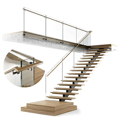 Modern Floating Staircase Design With Glass Railing Wooden Treads And Metal Handrail 3d model
