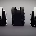 Multiple Black and White Backpacks Arranged in Row Display Showcase 3d model