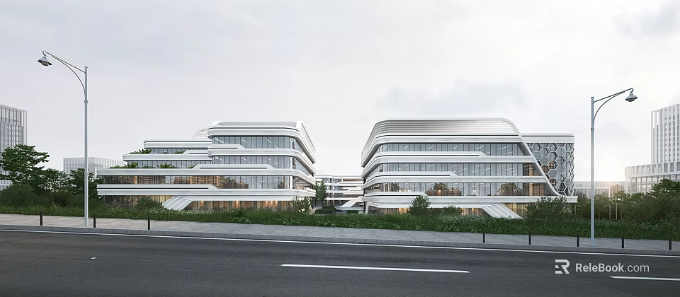 Modern Industrial Factory Exterior With Glass Curtain Walls And Multi Storey Structure 3d model 