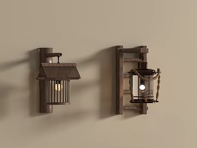 Traditional Wooden Wall Lamps With Lantern Design Mounted on Beige Wall 3d model