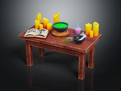 Witch Performing Magic Ritual With Yellow Candles Open Book Green Bowl Potion Herbs On Wooden Table 3d model