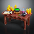 Witch Performing Magic Ritual With Yellow Candles Open Book Green Bowl Potion Herbs On Wooden Table