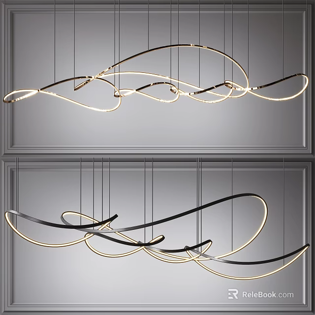 Modern Curved Chandelier With Gold And Black Sleek Lines For Interior Design 3d model 