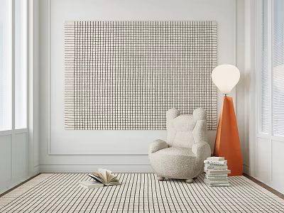 Square Rug in Bright Room with Armchair Books and Lamp 3d model