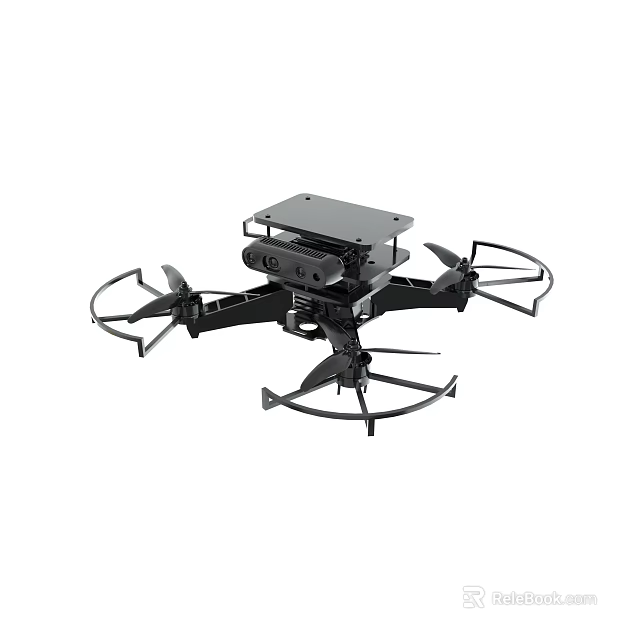 Black Quadcopter Drone With Protective Propeller Guards And Mounted Device 3d model