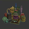 Vintage Kitchen Utensils Collection Featuring Copper Kettle Manual Grinder Metal Containers And Red Fruits In Wicker Basket