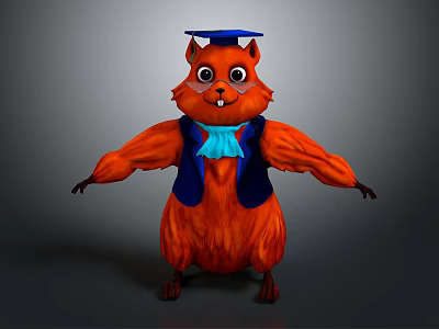 Cartoon Squirrel Character With Orange Fur Blue Graduation Cap Bow Tie And Vest 3d model