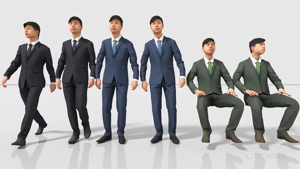 Well Dressed Men In Formal Suits Standing And Sitting In Various Poses 3d model 