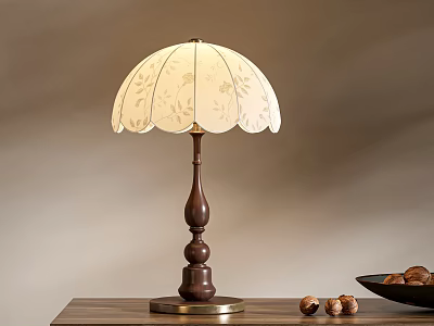 Cozy Table Lamp With Floral Scalloped Shade Brown Wooden Base On Table With Walnuts Bowl 3d model