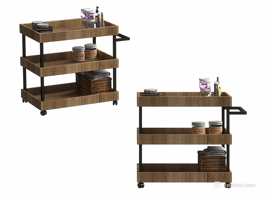 Multi Tiered Wooden Mobile Coffee Table With Wheels Storage Baskets Plates And Bottles 3d model 