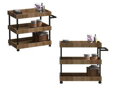 Multi Tiered Wooden Mobile Coffee Table With Wheels Storage Baskets Plates And Bottles 3d model