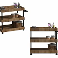 Multi Tiered Wooden Mobile Coffee Table With Wheels Storage Baskets Plates And Bottles