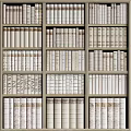 Stylish Bookcase With Multiple Shelves Neatly Arranged Books Neutral Tones And Textured Covers