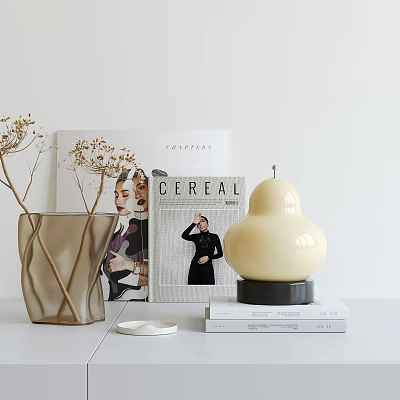 Minimalist Decorative Ornament Combination With Transparent Vase Dried Floral Branches Cream Candle And Decorative Books 3d model