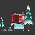 Small House with Red Roof Chimney and Blue Door Surrounded by Snowy Trees