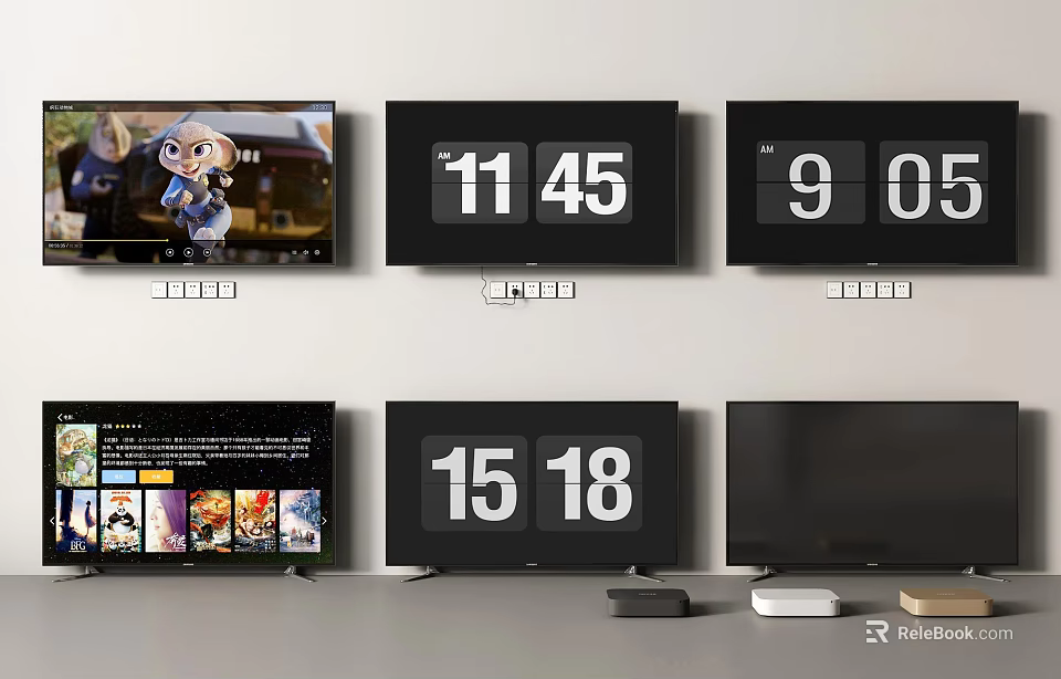 Multiple Wall Mounted And Tabletop TVs Showing Cartoon Characters Time Display And Menu Interface 3d model