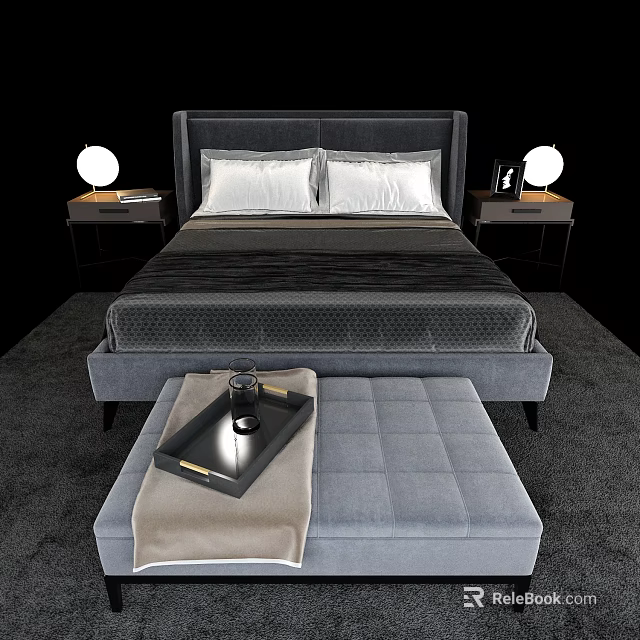Elegant Double Bed Setup With Nightstands Table Lamps And Ottoman Tray Towel 3d model