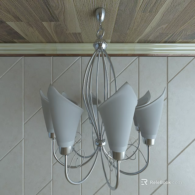 Modern Chandelier With Metal Frame And White Shades Hanging From Wooden Ceiling Against Tile Wall 3d model 