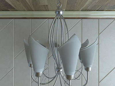 Modern Chandelier With Metal Frame And White Shades Hanging From Wooden Ceiling Against Tile Wall 3d model