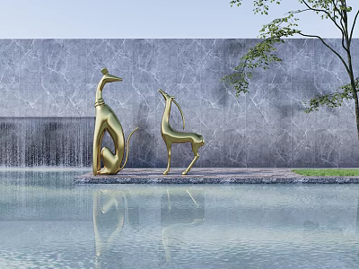 Golden Animal Sculptures by Waterfall with Reflection Near Gray Marble Wall and Green Tree 3d model
