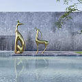 Golden Animal Sculptures by Waterfall with Reflection Near Gray Marble Wall and Green Tree