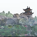 Chinese Garden Landscape Featuring Traditional Pavilion Rock Waterfall Lotus Pond And Green Trees