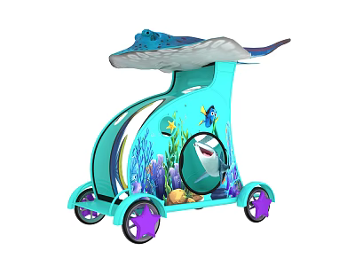 Kids Ocean Themed Push Cart With Blue Design Shark Pattern And Purple Star Wheels 3d model