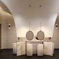 Modern Luxury Front Desk Reception With Curved Archway Marble Counter Circular Decorations And Purple Lighting