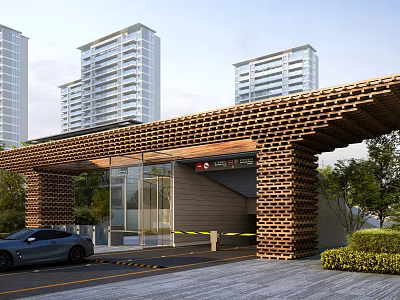 Modern Entrance Gate With Wooden Grid Canopy Glass Curtain Wall And High Rise Residential Background 3d model