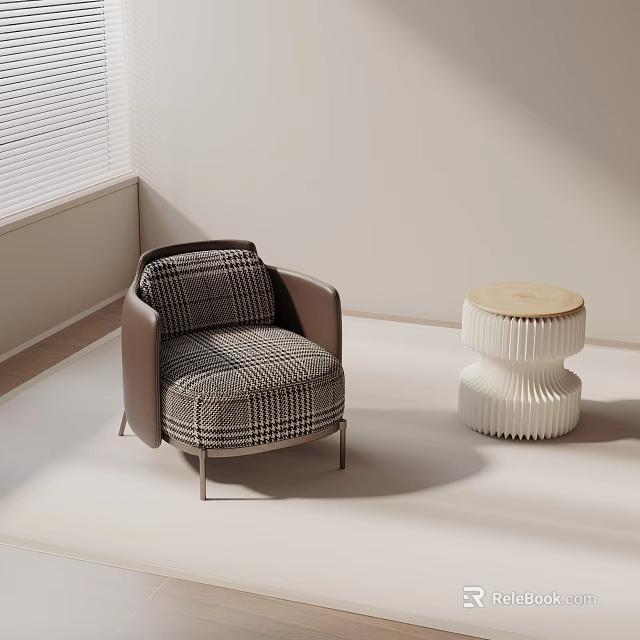 Modern Accent Chair With Checkered Upholstery Armrest And Side Stool Wooden Top White Ribbed 3d model 