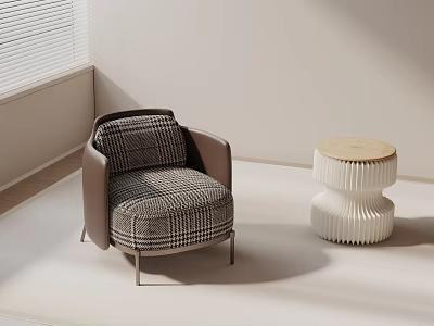 Modern Accent Chair With Checkered Upholstery Armrest And Side Stool Wooden Top White Ribbed 3d model