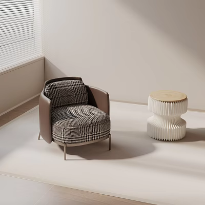 Modern Accent Chair With Checkered Upholstery Armrest And Side Stool Wooden Top White Ribbed 3d model