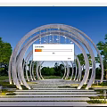 Modern Pergola Arched Structure With Hanging Decorations Stone Path And Green Trees 3d model