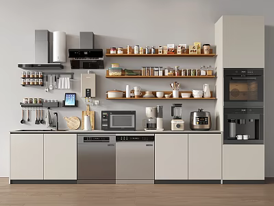 Modern Kitchen With Microwave Coffee Maker Oven Dishwasher Range Hood And Storage Cabinets 3d model