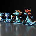 Four Blue And Orange Flying Dragons Sitting On Black Smooth Surface With Reflections 3d model