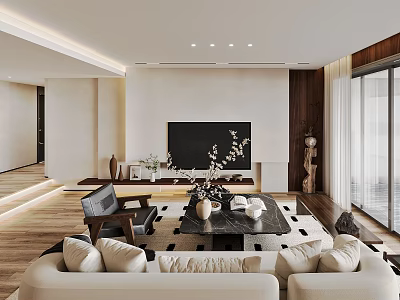 Modern Living And Dining Room Interior Design With Sofa Coffee Table TV And Wooden Accents 3d model