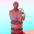 Landscape Sculpture Human Figure Holding Circular Geometric Pattern With Decorative Base Pastel Pink Blue Background