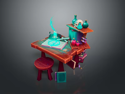 Enchanted Wizard Workbench With Wooden Table Stool Shelf Glowing Book Skull And Teal Smoke 3d model