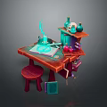 Enchanted Wizard Workbench With Wooden Table Stool Shelf Glowing Book Skull And Teal Smoke