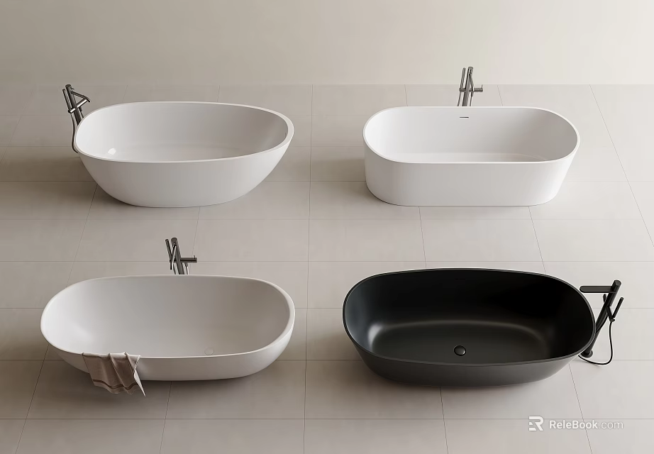 Various Bathtub Styles in White and Black with Faucets on Light Tile Floor 3d model 